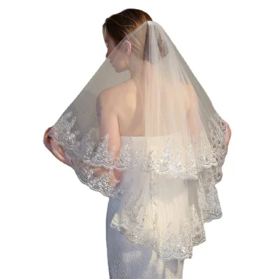 2025 Double-Layer Bridal Veil with Sequin Lace Long Wedding Headdress with Flower Comb Decor for Wedding Wholesale
