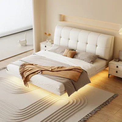 Floating Bed Frame with LED Light King Size Cream White Leather Upholstered Tufted Headboard Platform for Bedroom Villa Bett