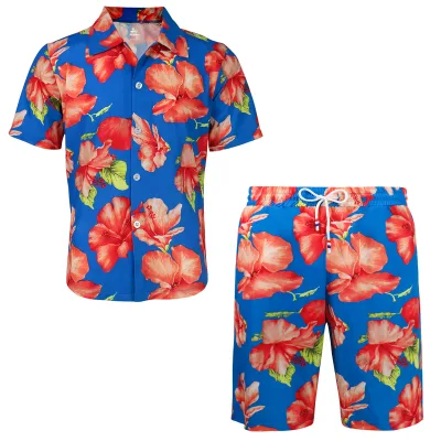 OEM Service Casual Short Sleeve Lapel Collar Button up Shirt Hawaii Floral Casual Shirts Set