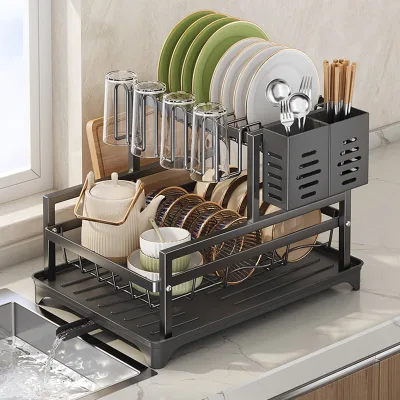 Metal Dish Drying Rack with Cup Holder Removable Water Tray Large Capacity Kitchen Counter Plate Bowl Storage Organizer