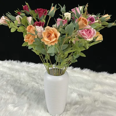 5-Head Silk Rose Branch Natural Artificial Rose Flower Christmas Easter Wholesale Living Room Table Flower Arrangement Bouquet