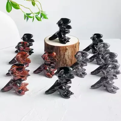 Hand Carved Natural Stone Dinosaur Statue Obsidian & Mahogany Obsidian T-Rex for Crystal Healing