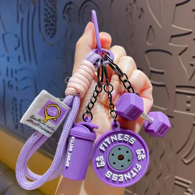 New Arrival PVC Rubber Bodybuilding Barbell Dumbbell Weight Plate Pendant Keychain with Braided Rope for Gifts