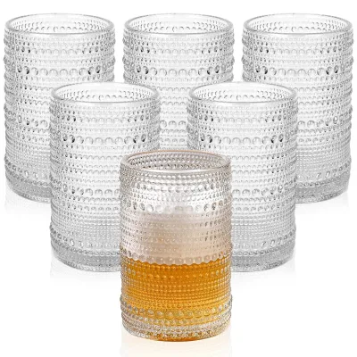 Hot Sale Juice Tumbler Embossed Old Fashioned Glassware Vintage Hobnail Drinking Glasses Set 13oz Drinking Glasses Set of 4