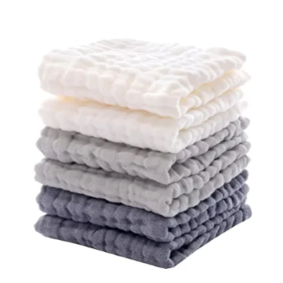 Soft Face Towels Absorbent Newborn Bath Wipes Burp Cloths for Baby Shower 6 Pack 12x12 inches Grey