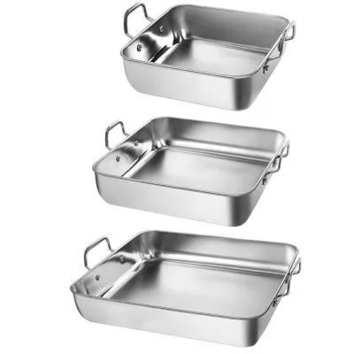 Stainless Steel Rectangle Deep Baking Tray with Handles Durable & Dishwasher Safe for Oven Use in Cake Bread Pastry Bakeware