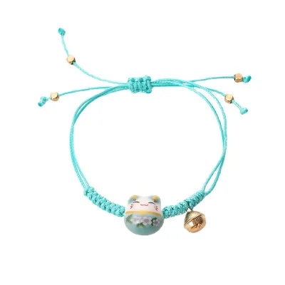 Wholesale Fashion Jewelry Bracelets Cute Ceramic Lucky Cat Small Bell Charm Handmade Woven Rope Bracelet for Women Girls Gifts