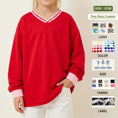 Custom Printed Kids Girls Long Sleeve V-Neck Oversized Tee Retro Color Block 100% Cotton Toddler Drop Shoulder Baggy T-shirt
