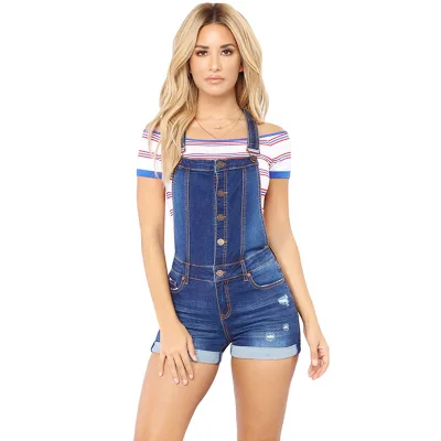Europe United States Summer New Elastic High Waist Lift Hip Hole French Denim Overalls Sexy Casual Style Washed Skinny Button