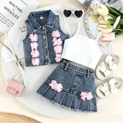 New-style Europe America Style Denim Three-Piece Set for Little Girls-Sleeveless Vest Short Skirt Polyester Flower Pattern