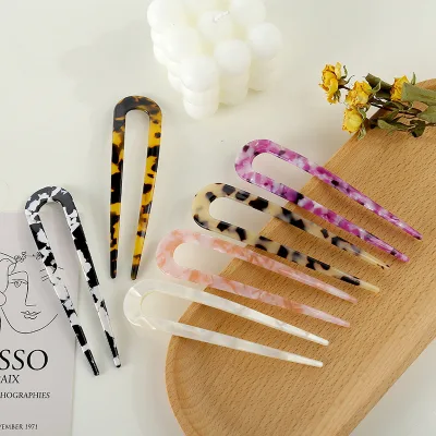 U-Shaped Hairpin with 2 Prongs Hair Pin Fork Sticks Women Hair Accessories Antiskid Toothed U Shape Acetate Hair Chopstick Clip