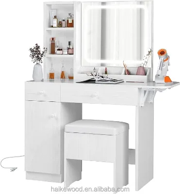 Vanity Desk with LED Lighted Mirror & Power Outlet, Makeup Table with Drawers & Cabinet,Storage Stool,for Bedroom,