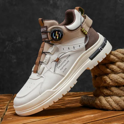 Fashion Men's Mid-top Ankle Boots Non-slip Walking Shoes PU Upper Retro Man Work Boot Rotating Buckle Soft Soled Casual Shoes