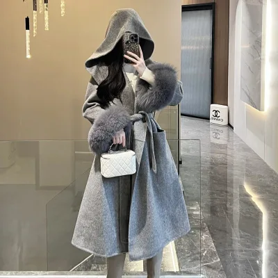 Women's Winter Hood Double-Face Cashmere/Wool Blend Fox Fur Cuffs Belted Custom Elegant Retro/Korean Style Woolen Coat