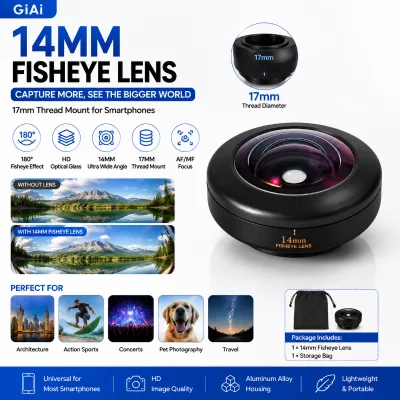 14mm Fisheye Lens 17mm Thread Clip-on Phone Camera Lens HD Optical Glass Wide Angle Lens for Smartphone Photography