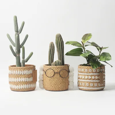 Nordic Style Retro Cement Woven Basket Breathable Corrosion-resistant Indoor Flower Pot for Green Plants Cactus Pothos Drainage