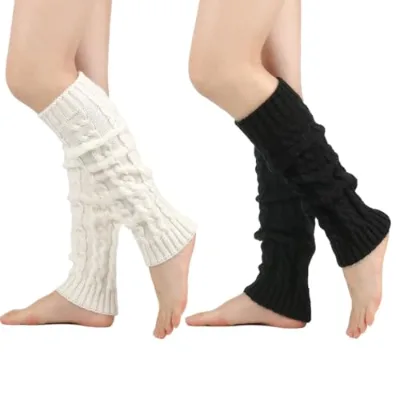 WUSJCOF 2 Pairs of Basic Solid Leg Warmers for Women in Black and White Long Knitted Winter Calf Warmers
