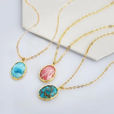 ZG0478 Natural Larimar Oval Gemstone Fashion Pendant Necklaces for Women