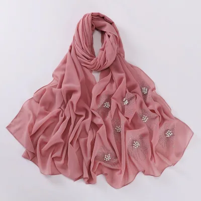 Custom Hot Long Malaysian Chiffon Mousselines Jersey Hijabs Muslim Pleated Pearl Gauze Scarf Women Turban Style Hijab