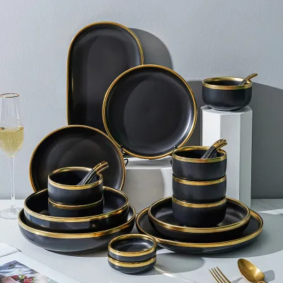 Hot Sale New Eco-Friendly Dinner Set Black Gold Border Modern Design Plate Cup Kit Dishwasher Safe for Home Hotel Restaurant Use