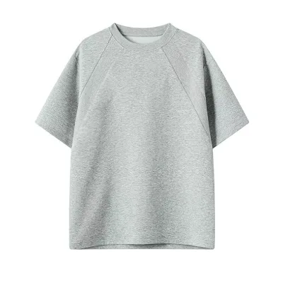 Summer Casual T-shirts Cotton Air-layer Spliced Short-sleeve Heavyweight Solid Wrinkle-resistant Stiff Boxy Summer T-shirt