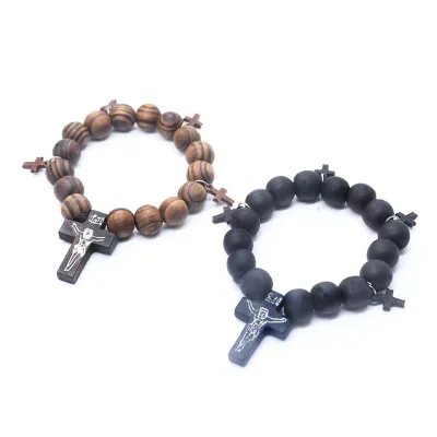 Christian Jesus Cross Charm Wooden Bracelet