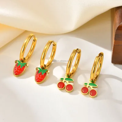 Custom Pendant Earrings Drop Oil 18K Gold Plated Stainless Steel Strawberry Cherry Cute Logo Charms Hoop Earrings
