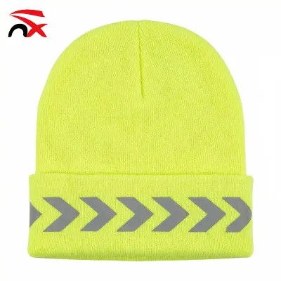 Custom Embroidered logo Polyester Men Winter Beanie Hats with Reflective Stripe for Winter and Fall Gift