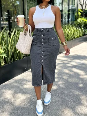 Women Button Front Split Denim Midi Skirt Vintage Washed Pockets Slim Mid Length Jean Skirt Casual Streetwear Ladies Denim Skirt
