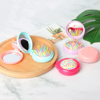 Compact Round Travel Hair Brush with Mini Pocket Makeup Mirror Foldable Nylon for Kids & Girls