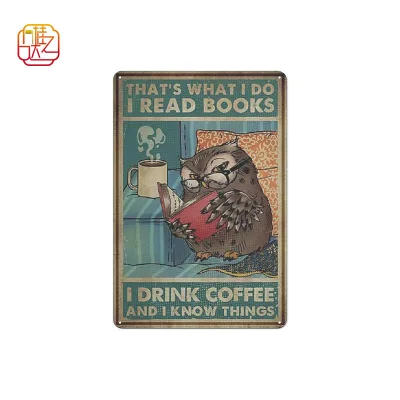 Vintage Aluminum Sign with Books, an Owl Reading and Drinking Coffee, Retro Metal Poster Suitable for Kitchen, Garden, Farm