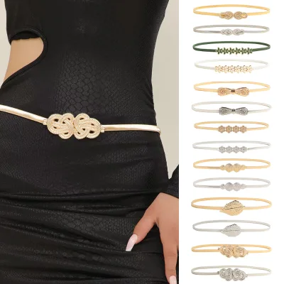 Women's Thin Metal Belt Belt for Dress Jeans Alloy Buckle Versatile Elastic Accessory Pair for Dresses Shirts Simple European