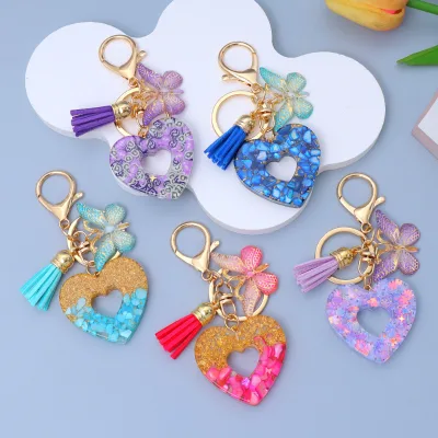 Heart Shape Keychain Epoxy Resin Crystal Clear Butterfly Keyring Tassel Zinc Alloy Bag Charm Chain Car Key Chain Fashion Pendant