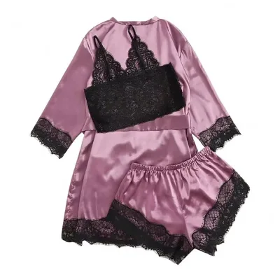 Pijama Women Satin Pajamas Set Lace Wireless Bra Camisole Shorts Bow Robe Set Sleepwear Pajamas Set Women Pyjama R1471
