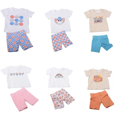 Wholesale Custom Logo Baby Clothing Set Short Sleeve Sweatshirt Bicycle Shorts Suit for Toddler Girls Smiling Face Printing Set