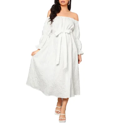 Custom Ladies Maternity White Flounce Sleeve Self Belted Jacquard Dress
