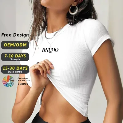 Custom Y2k Style Women's Slim Shirts Solid Sexy T-shirt for Girl Thread Slimming Fit Top Ribbed Crop Top Street Style Basic Tee