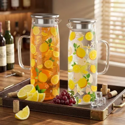 JY 2-Pack 50oz/1.5L Glass Lemonade Pitcher with Lid Heat Resistant Modern Design for Party Favors Iced Tea Coffee Juice