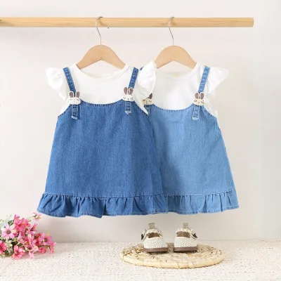 Summer Princess Design Casual Denim Strap Dress for Girls O-Neck Collar with Flutter Sleeve New for Children