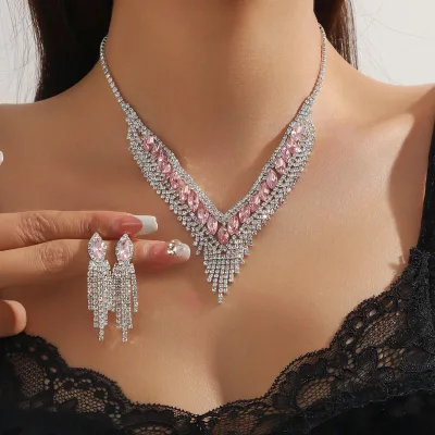 Fashion Full Diamond Tassel Collarbone Chain Necklace Earrings Set 2pcs Long Tassel Crystal Rhinestone Earrings Necklace