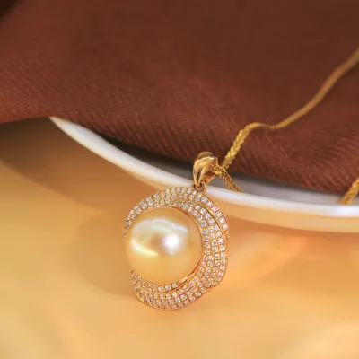 14-15mm Genuine Deep Gold South Sea Saltwater Pearl Solitaire Pendant 18K Solid Gold Fine Jewelry Bridal & Evening Collection