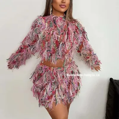 Autumn Long Sleeve Crop Tops Mini Skirt Casual Women's Tassel Sets