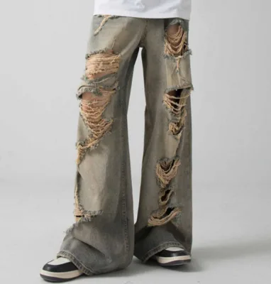 Custom Embroidery Logo Distressed Baggy Jeans Yellow Mud Ripped Y2K Vintage Loose Casual Pant for Breathable Denim Button Summer