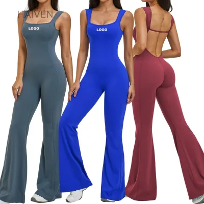 2026 One Piee New Women's Yoga Jumpsuit U Hollow Back Blocking Color Flared Leg Gym Wear Running Romper Fitness Jumpsuit