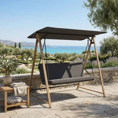 Modern Durable 2 Person Outdoor Swing Chair Olefin Cushion 8cm Sponge Filling Breathable Mesh Seat Steel Frame Garden Courtyard