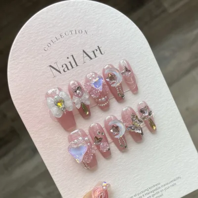 New Product Launched, Soft pink Flower-shaped Gel Pearl Drop Diamond Luxury and Elegant Handmade Wearable Press on Nails