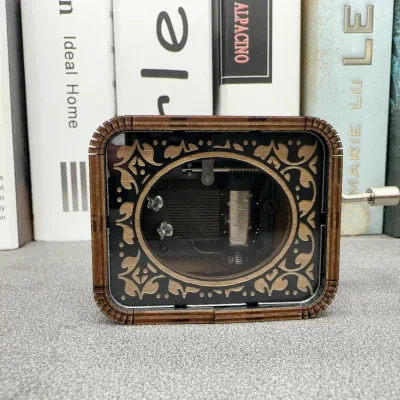 Retro Transparent Wooden Hand Crank Music Box, Visible Mechanical Movement Mini Musical Box Creative Souvenir Gift