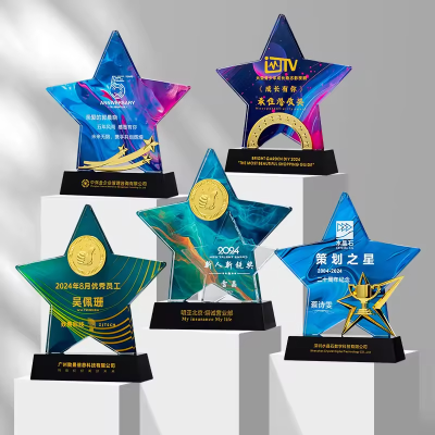 Honor of Crystal New Design Star Shape Color Printing Gold Silver Bronze Color Metal Crystal Srar Trophy Awards