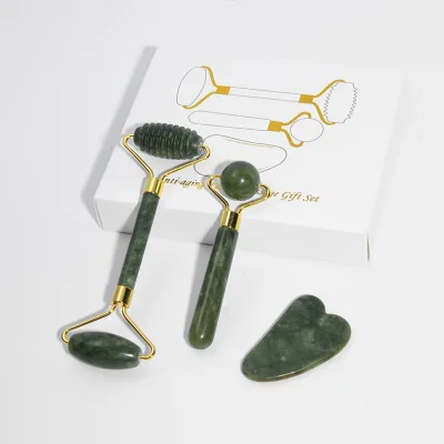 Natural Jade Facial Massage Roller Stone Skin Massage Beauty Care Jade Roller Scrapping Board Box Set for GuaSha