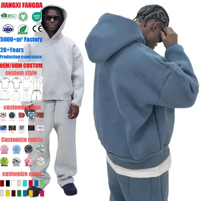 Custom Logo Heavyweight Full Zip Hoodie Sweat Men Oversized Boxy Fit Drop Shoulder Matching Sweatpants Streetwear Tracksuit